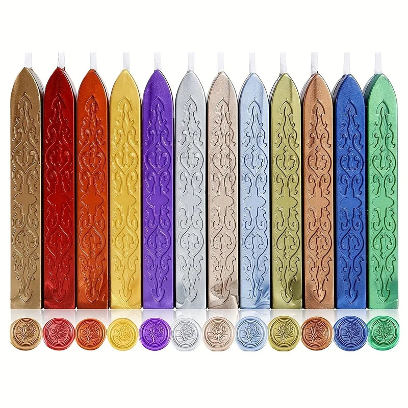 Wax Seal Stamp Kit - 12 ピース/バッグメタリック混合色シーリングワックススティック芯付きワックスシールスタンプ、結婚式の招待状、手紙封筒用