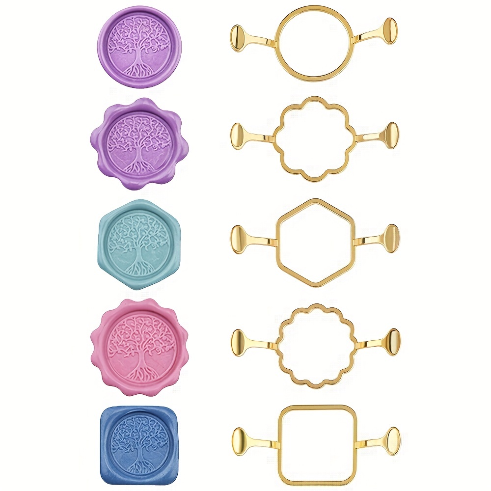 Wax Seal Stamp Kit - 5 パック六角正方形メタルワックスシールキット 1 インチワックスシールスタンプラウンドとフラワーメタルワックスシールモールドシーリングワックスキット用