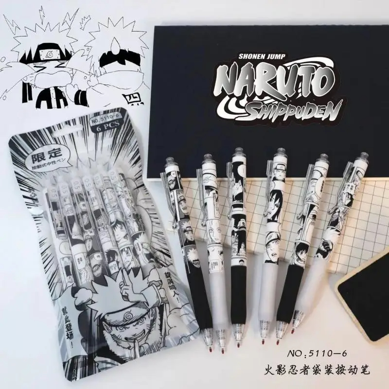 Gel Ink Pen Set - NARUTO-ナルトアニメジェルペン,うちはイタチ,0.5バイト,署名ペン,学校の書き込み用品,子供向けの文房具ギフト,セットあたり6個