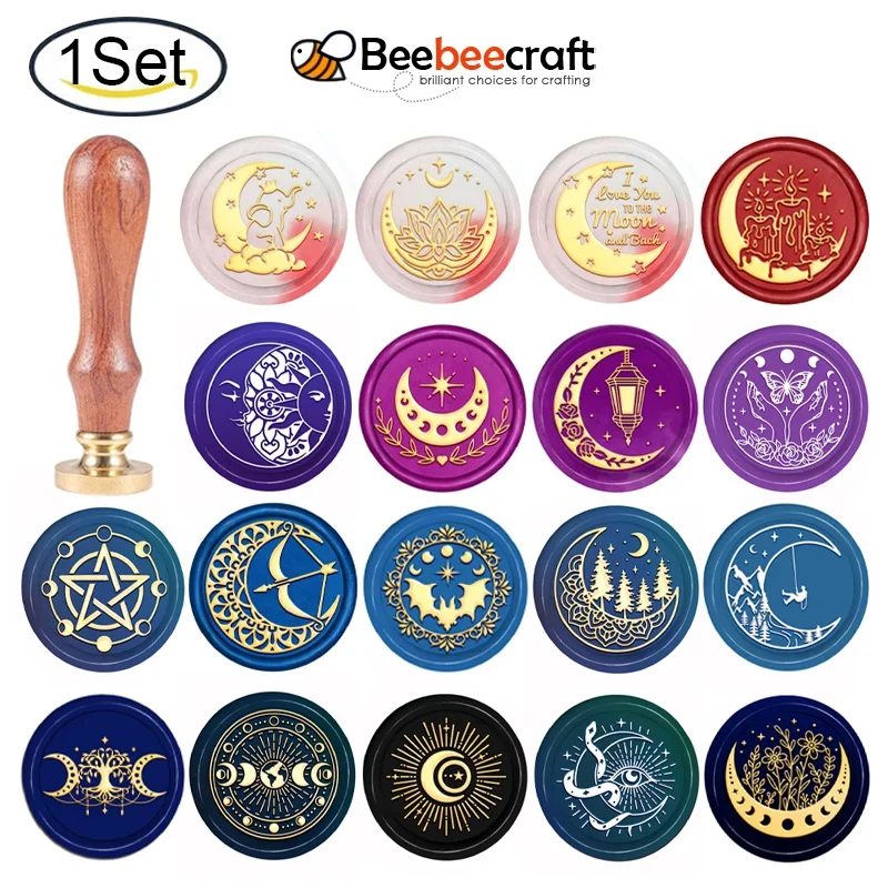 Wax Seal Stamp Kit - ムーンフェイズワックス印鑑と真鍮ヘッド、地球シールスタンプ、木製ハンドル、招待状カード、ギフトラップ、30ミリメートル、1pc